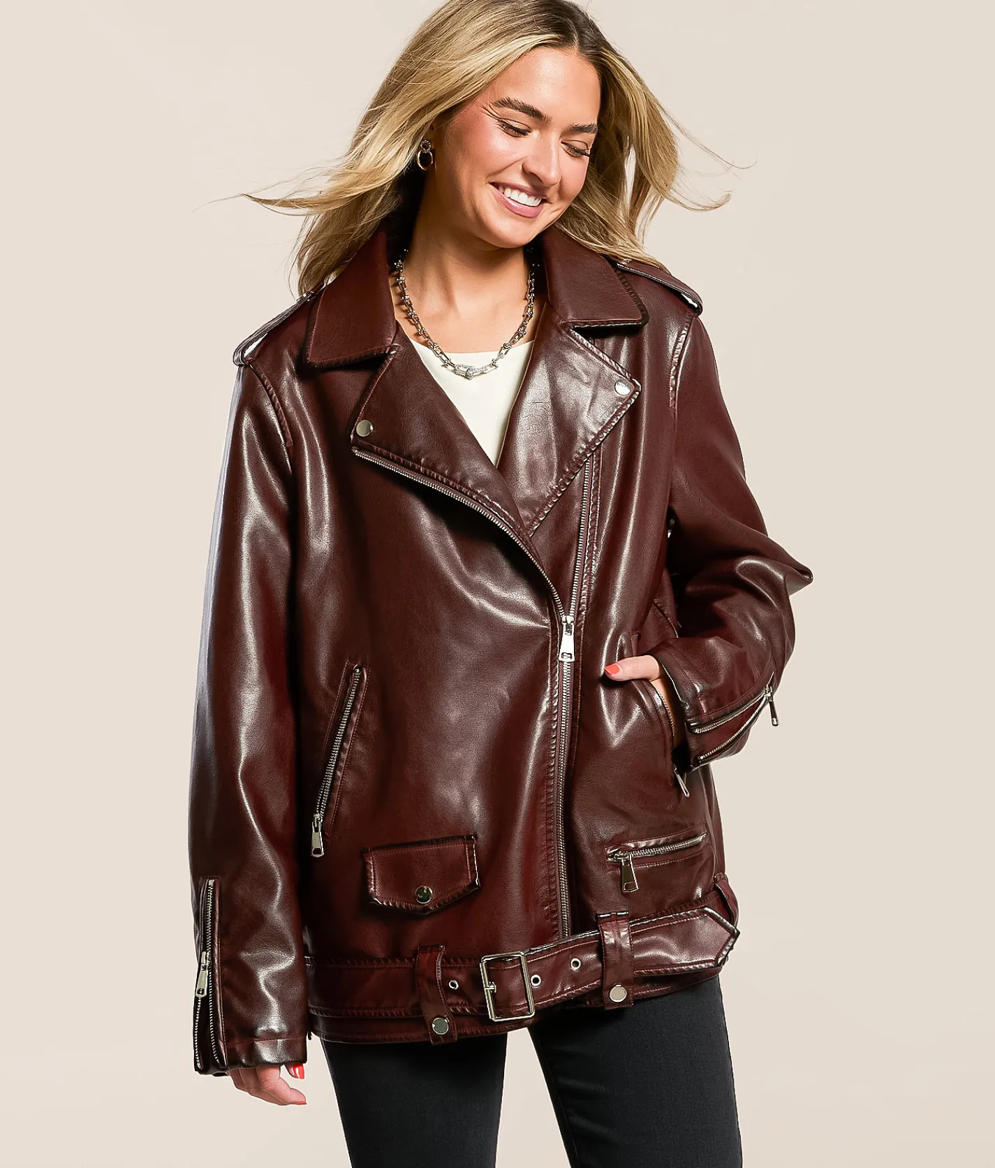 Azalea Wang Oversized Faux Leather Jacket Burgundy Clearance