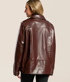Azalea Wang Oversized Faux Leather Jacket Burgundy Clearance