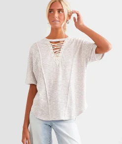 Tops | BKE Oversized Lace-Up Top Cream Stripe