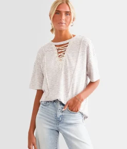 Tops | BKE Oversized Lace-Up Top Cream Stripe