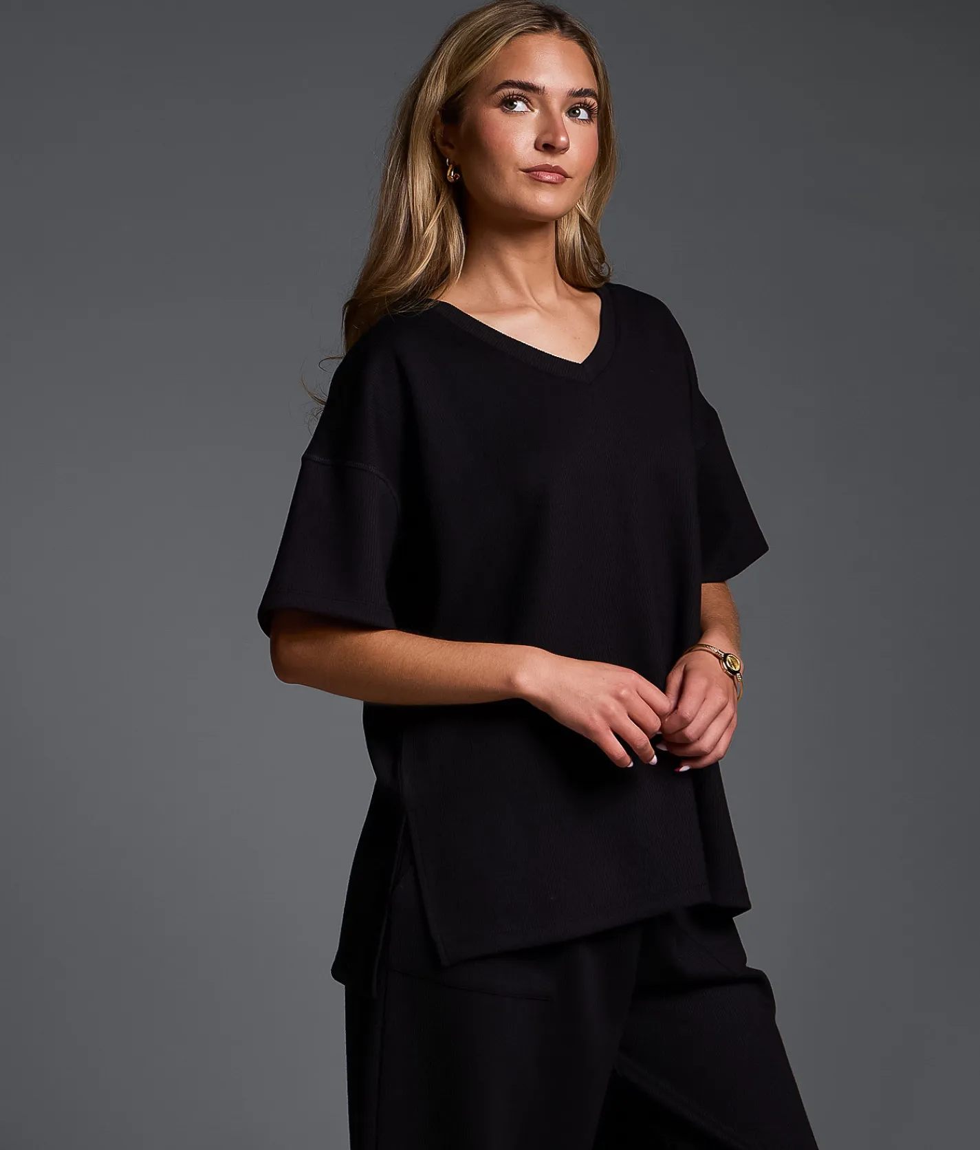 Tops | Buckle Black Oversized Rib Knit T-Shirt Black
