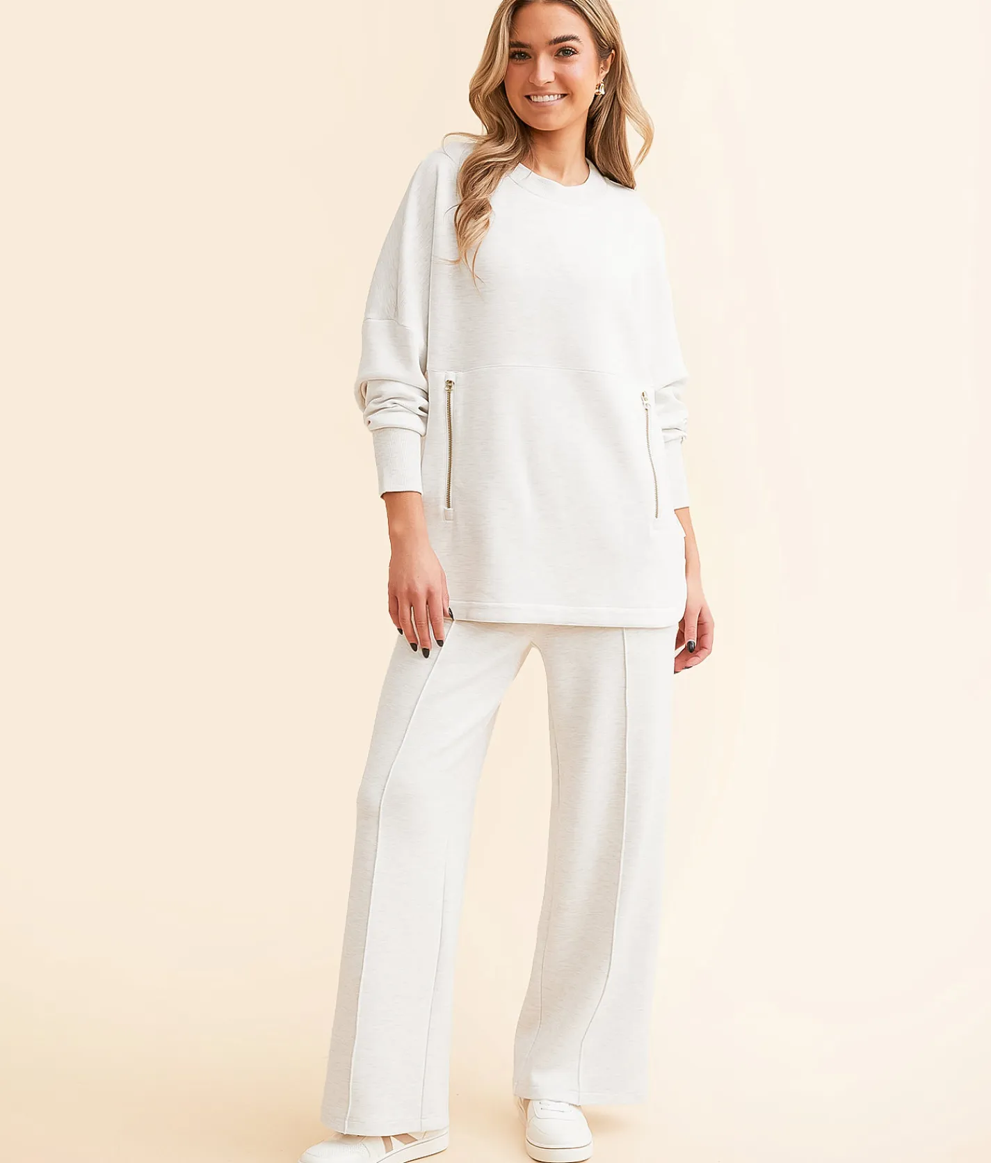 Varley Paige Longline Oversized Sweat Pullover Ivory Marl Outlet