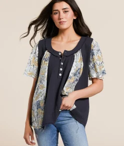 POL Paisley Floral Henley Deep Charcoal Multi Sale