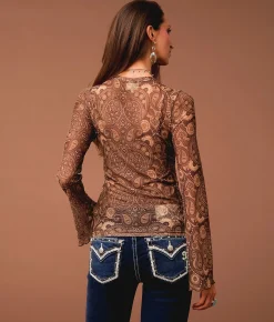 Sterling & Stitch Paisley Mesh Top Brown Multi Outlet