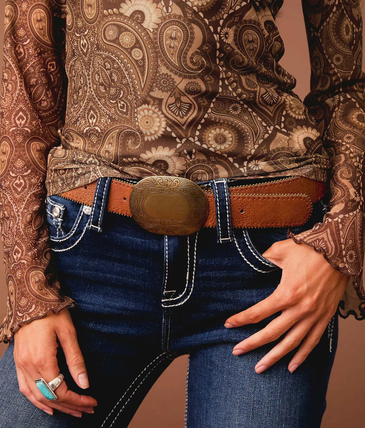Sterling & Stitch Paisley Mesh Top Brown Multi Outlet