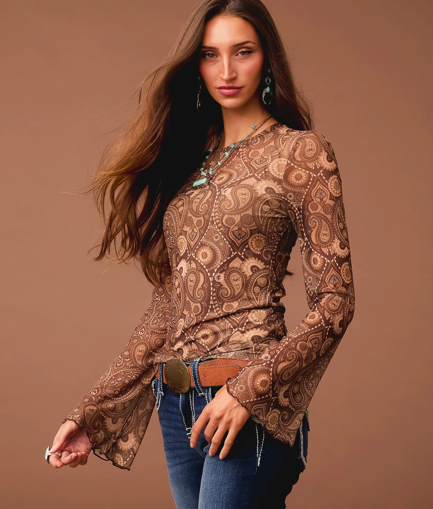 Sterling & Stitch Paisley Mesh Top Brown Multi Outlet