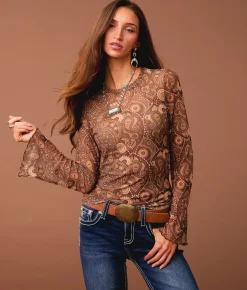 Sterling & Stitch Paisley Mesh Top Brown Multi Outlet