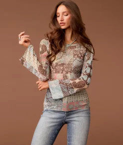 Sterling & Stitch Paisley Patchwork Mesh Top Cream Multi New