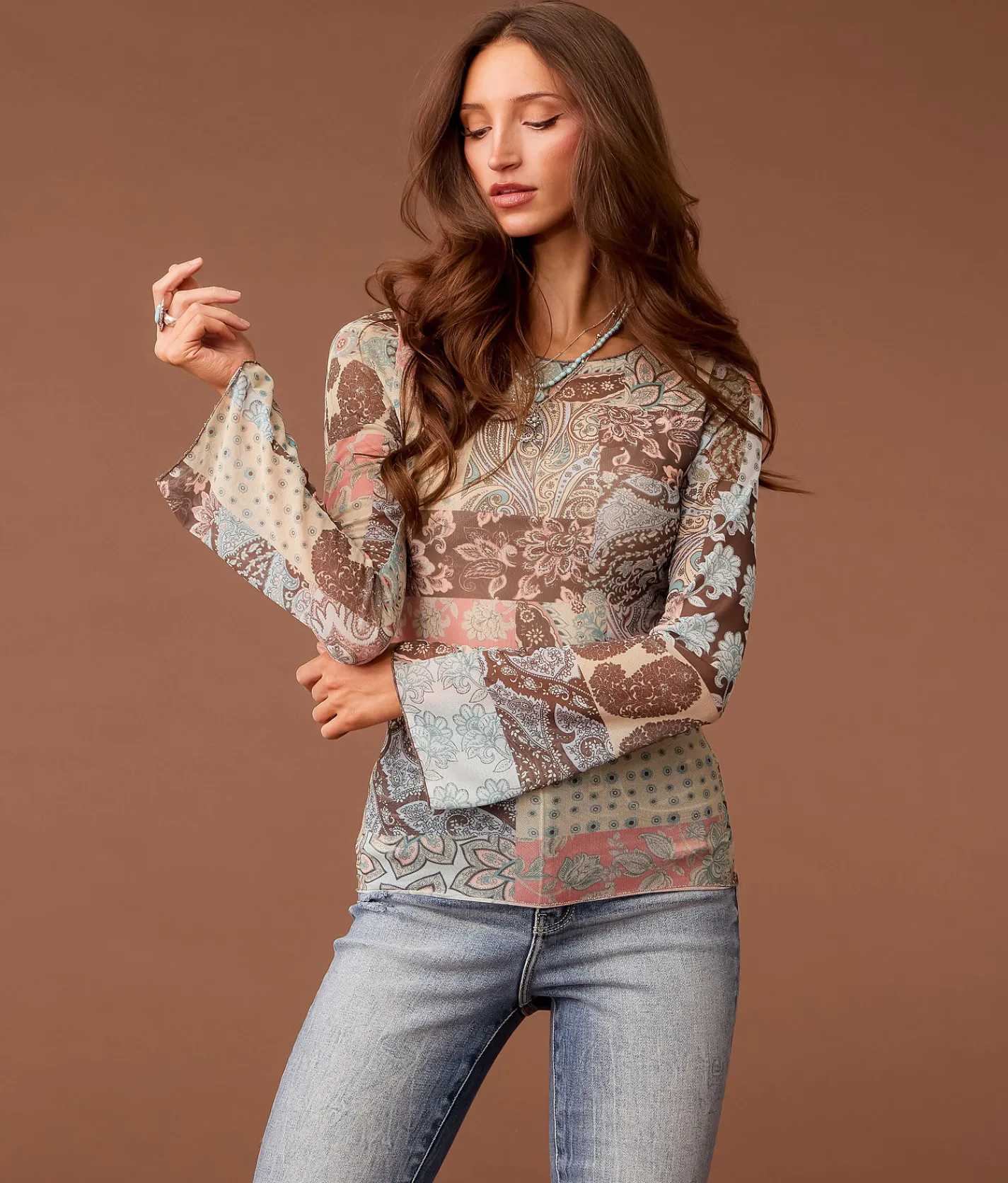 Sterling & Stitch Paisley Patchwork Mesh Top Cream Multi New