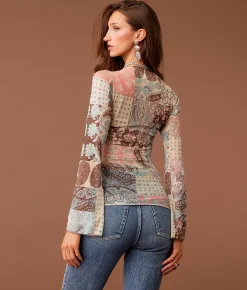 Sterling & Stitch Paisley Patchwork Mesh Top Cream Multi New