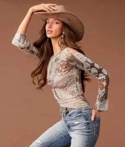 Sterling & Stitch Paisley Patchwork Mesh Top Cream Multi New