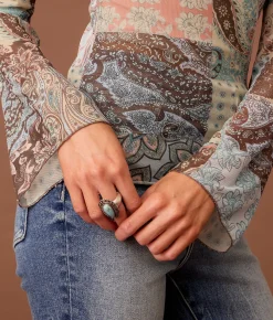 Sterling & Stitch Paisley Patchwork Mesh Top Cream Multi New