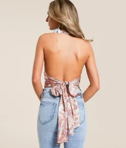 Tops | Willow & Root Paisley Satin Cropped Halter Tank Top Taupe Pink