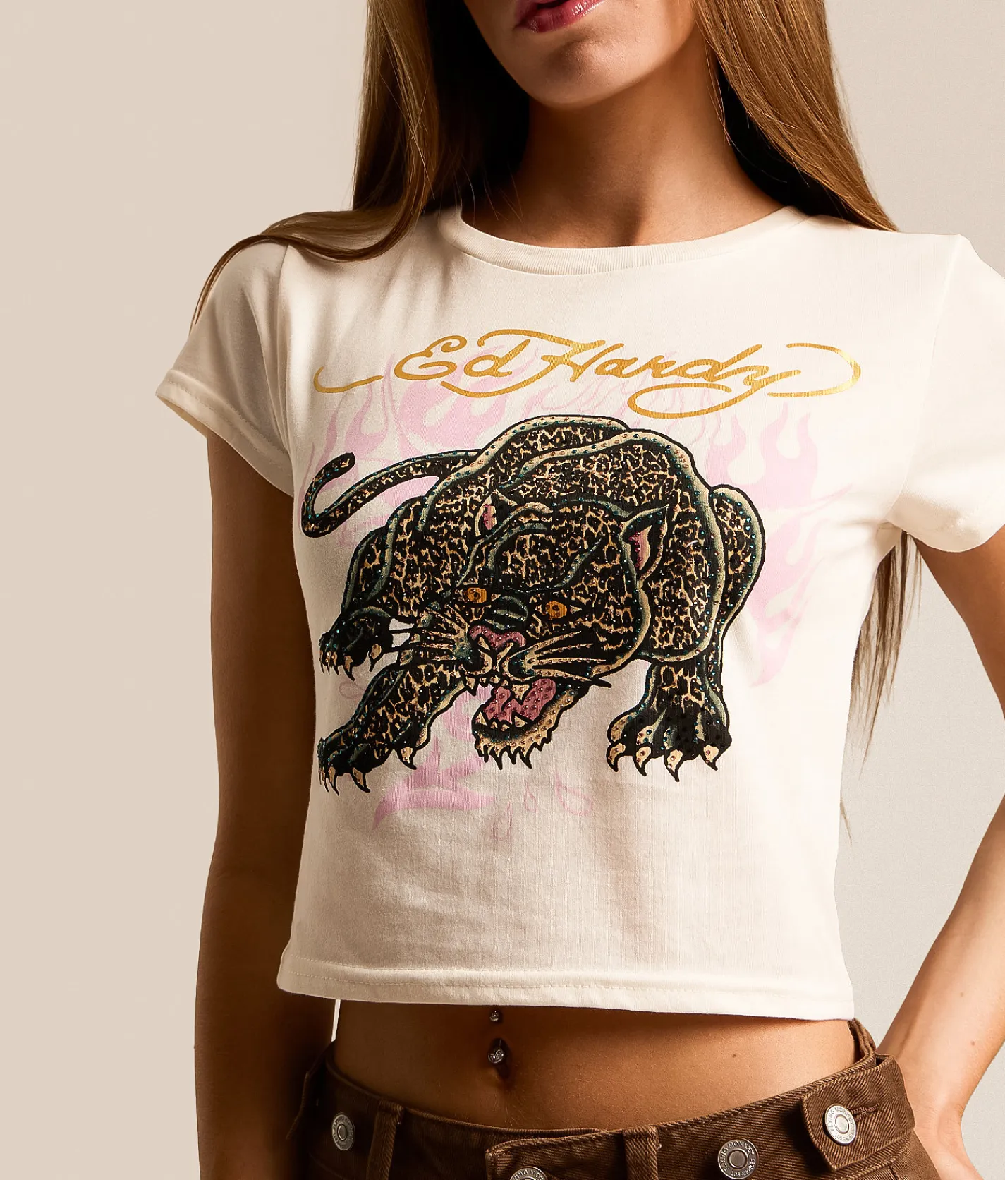 Tops | Ed Hardy Panther Baby Cropped T-Shirt Ivory