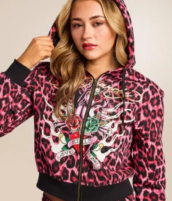 Tops | Ed Hardy Panther Roses Leopard Print Hoodie Pink Leopard