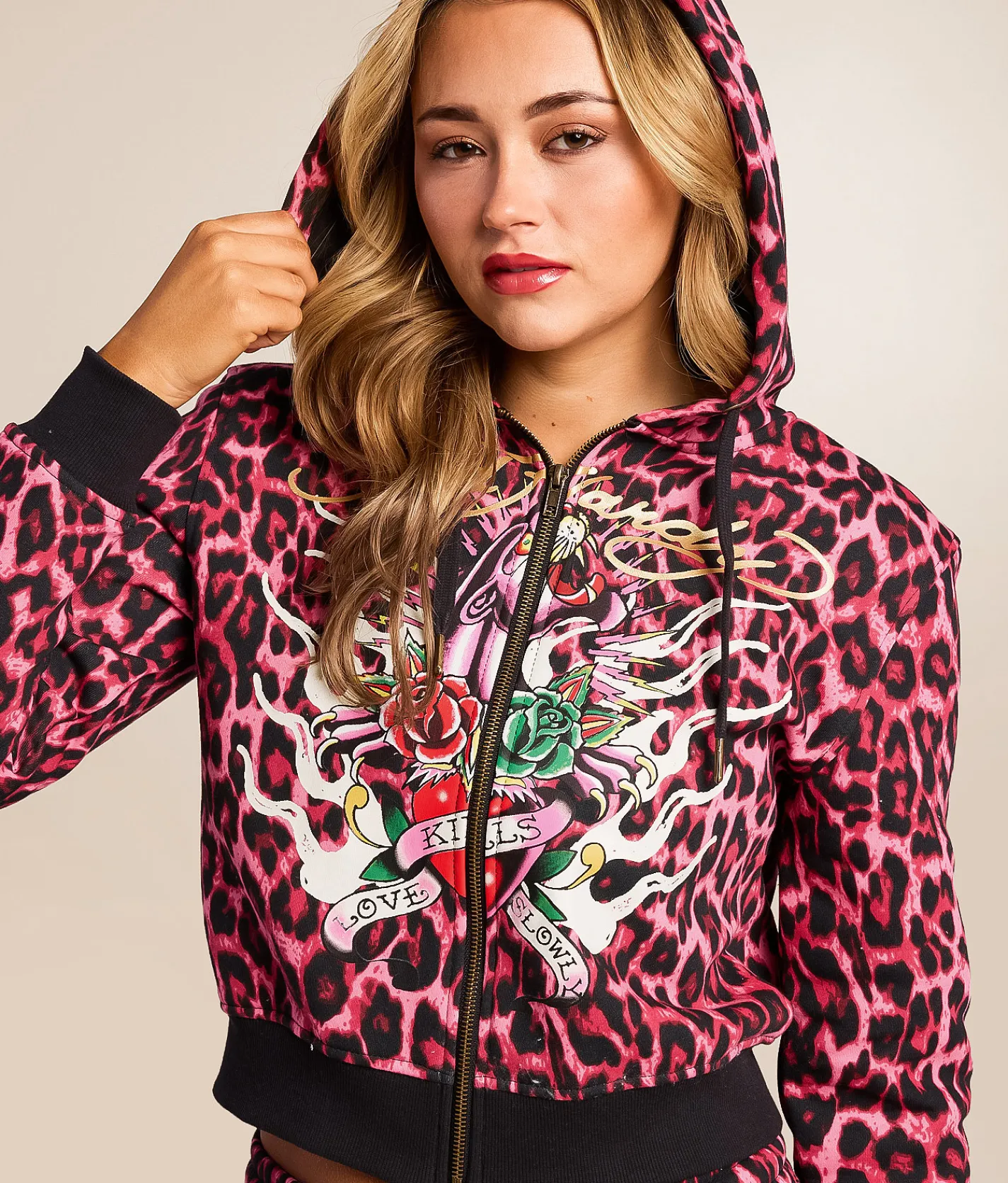 Tops | Ed Hardy Panther Roses Leopard Print Hoodie Pink Leopard