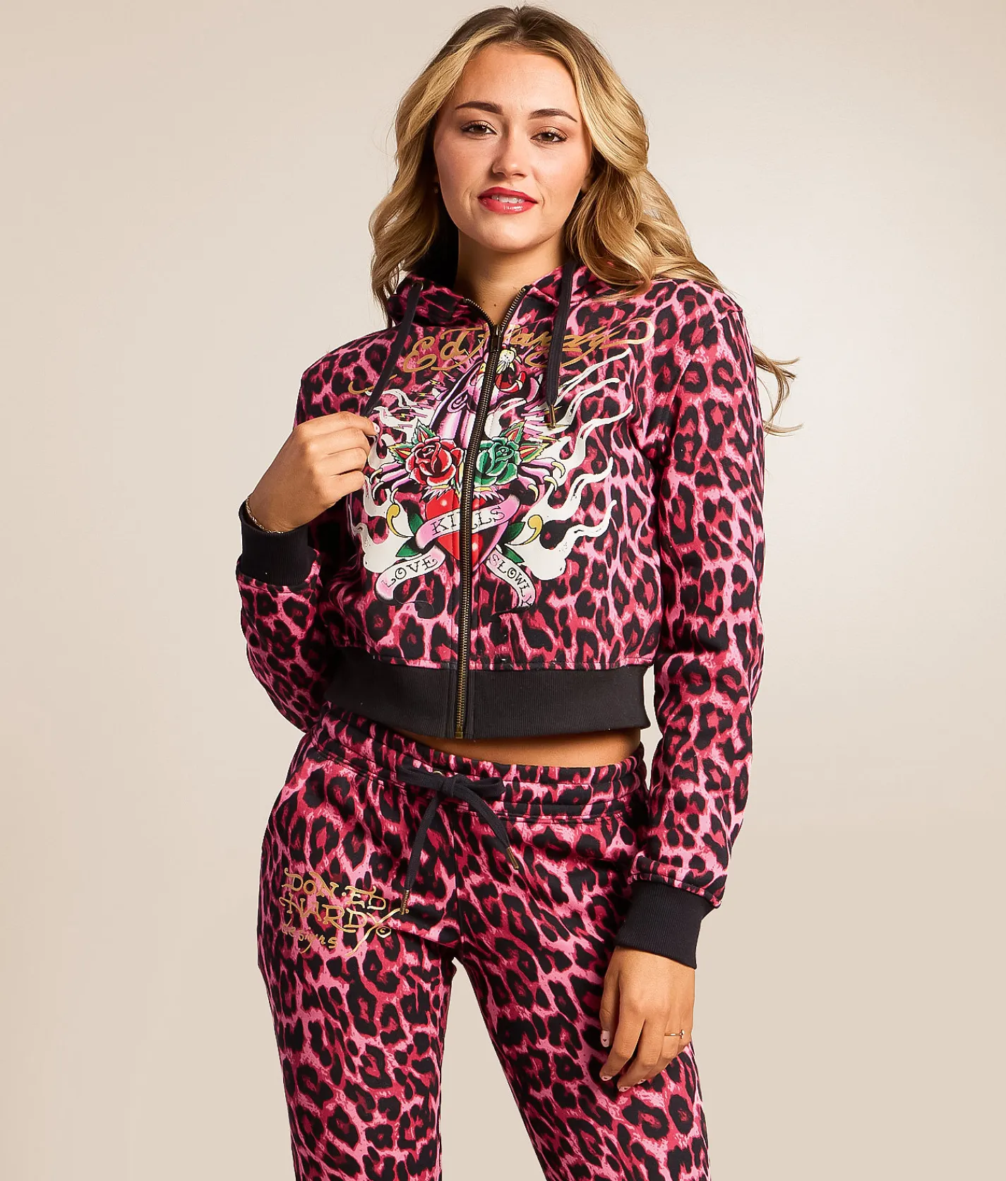 Tops | Ed Hardy Panther Roses Leopard Print Hoodie Pink Leopard