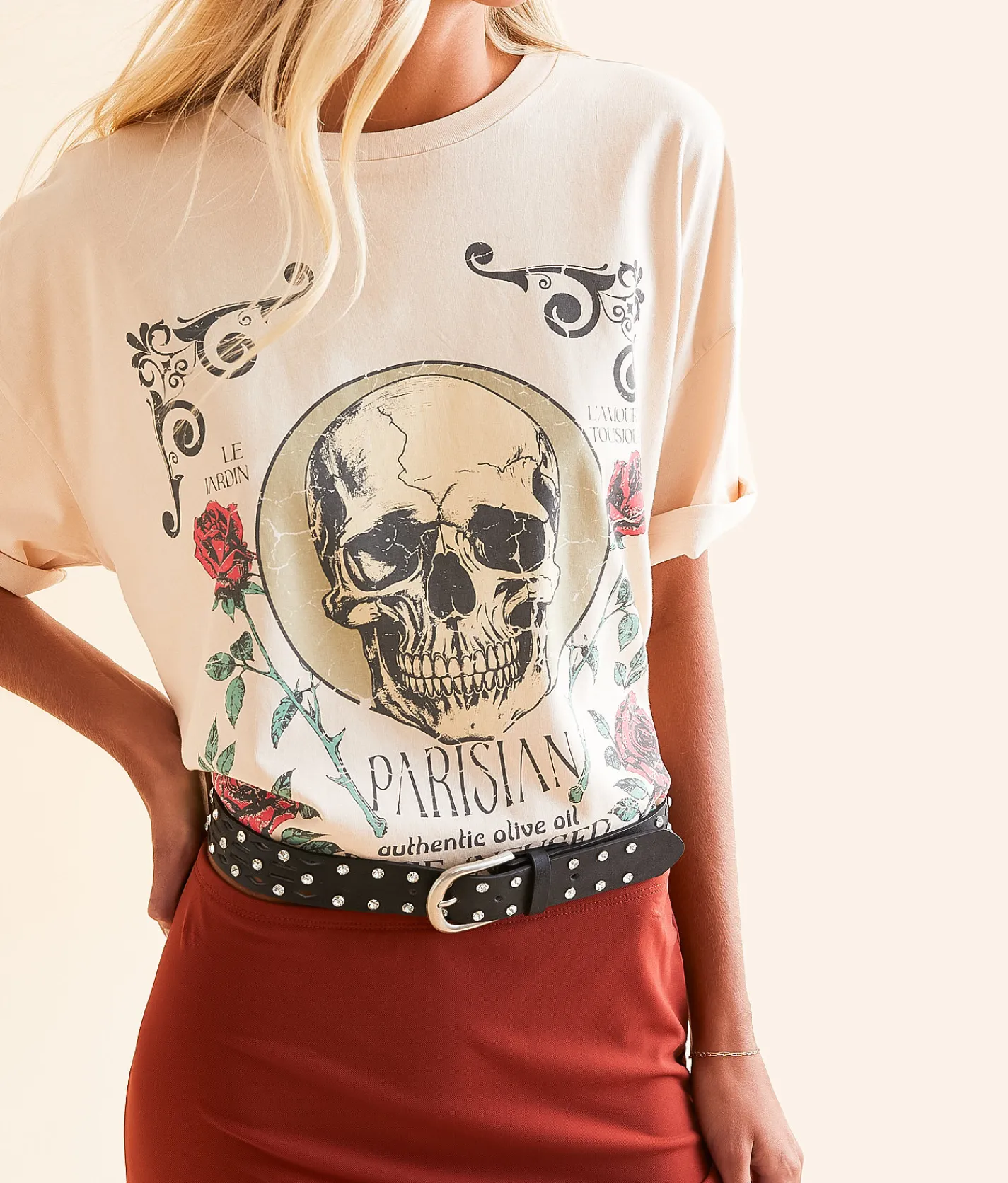 Modish Rebel Parisian Rose Skull T-Shirt Silver Peony Best