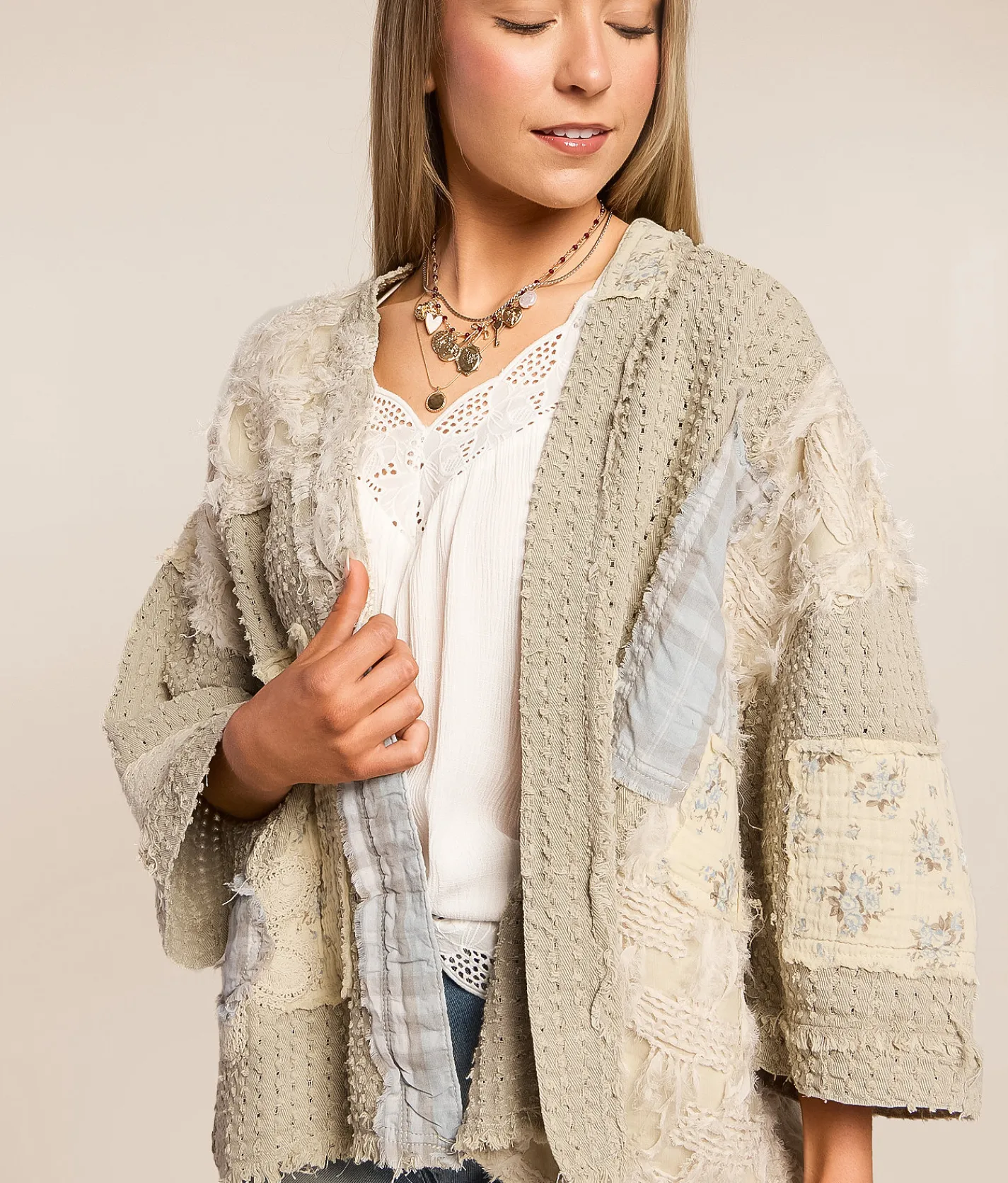 Tops | POL Patchwork Cardigan Sweater Sand Beige