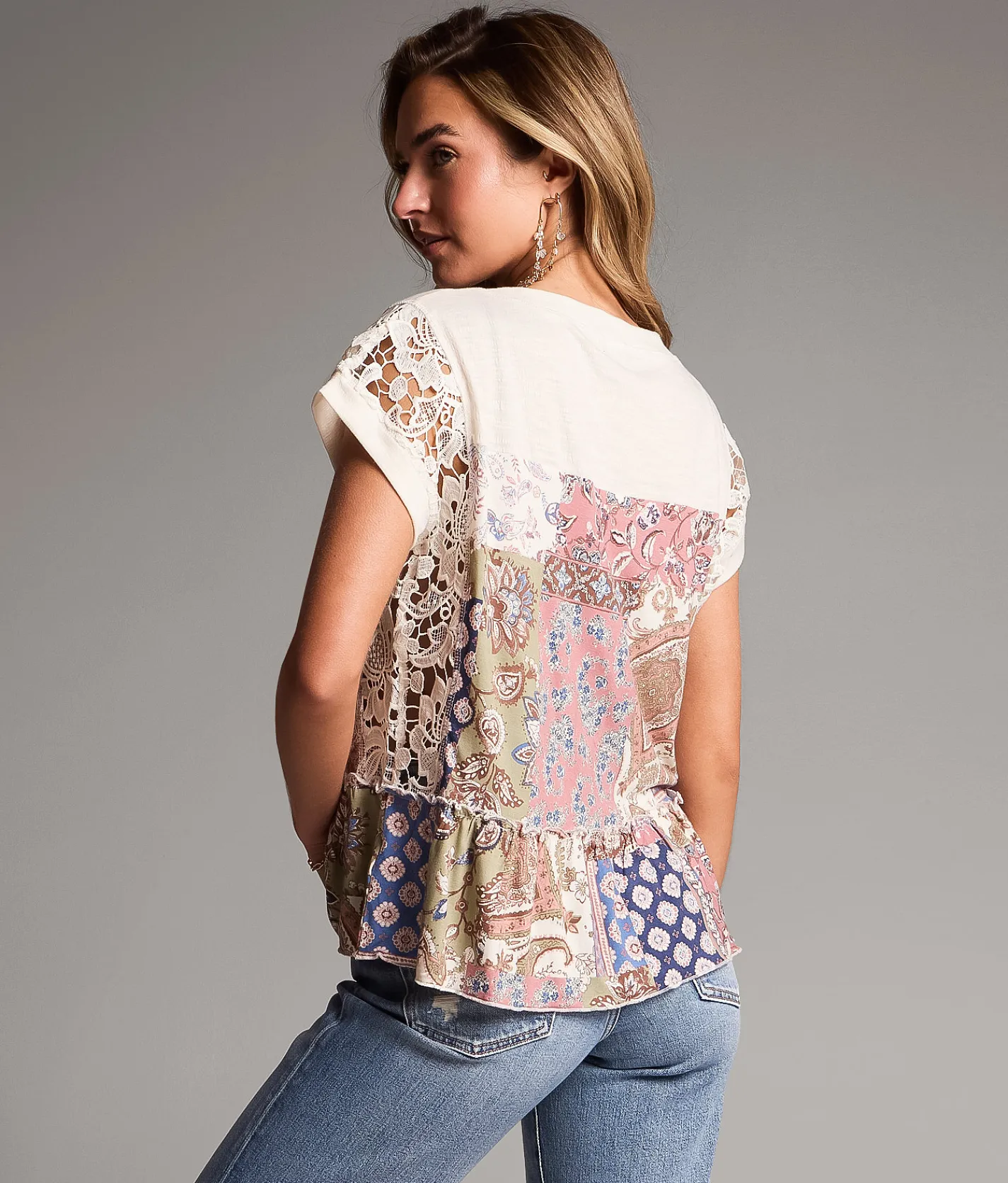 Tops | BKE Patchwork Ruffle Top Multi