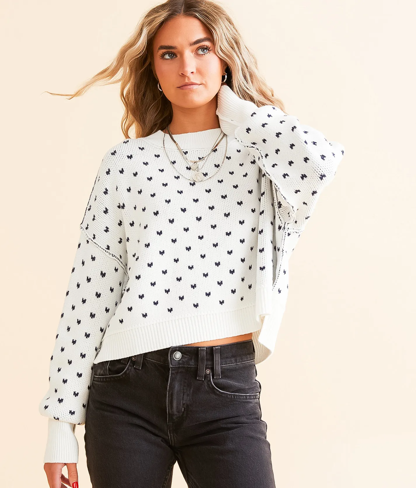 Tops | Free People Pattern Easy Street Cropped Sweater White Navy Combo
