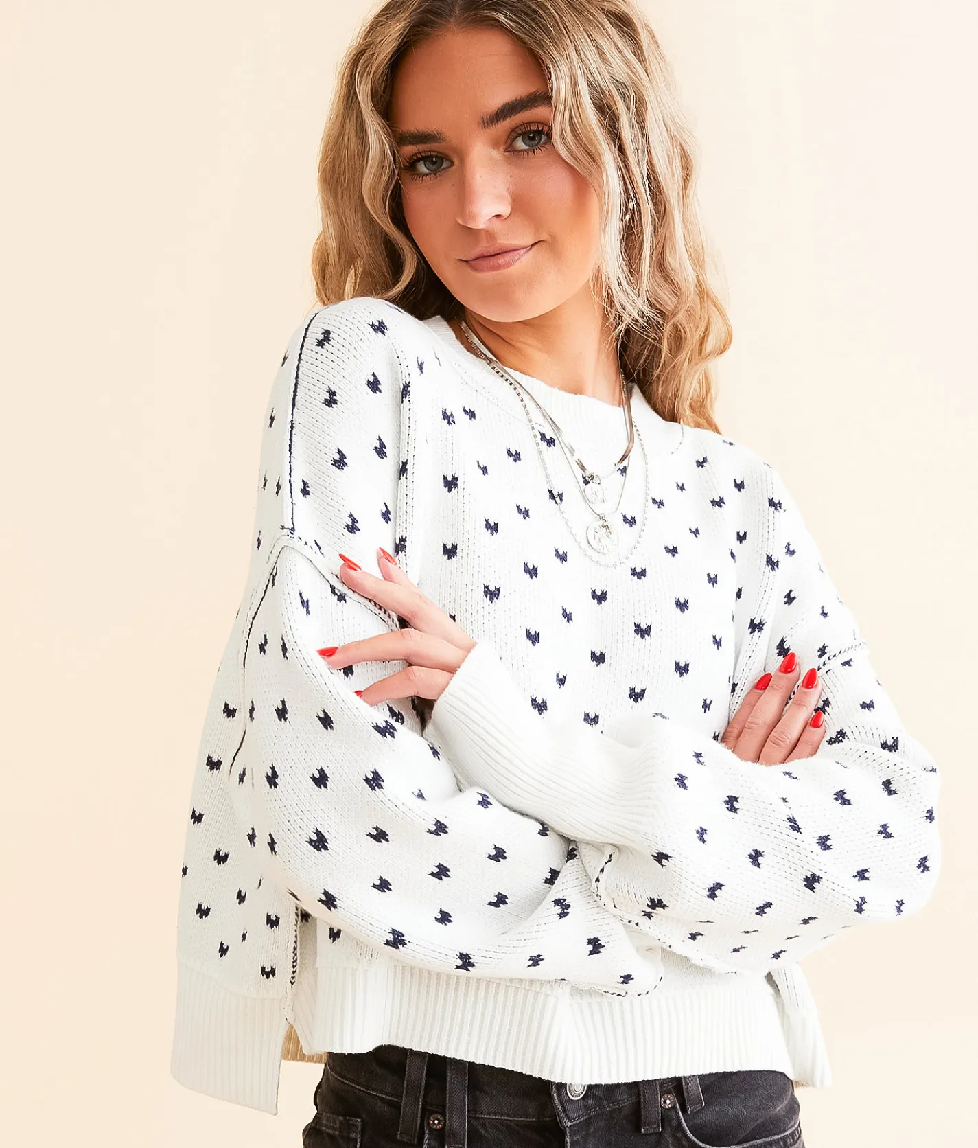 Tops | Free People Pattern Easy Street Cropped Sweater White Navy Combo