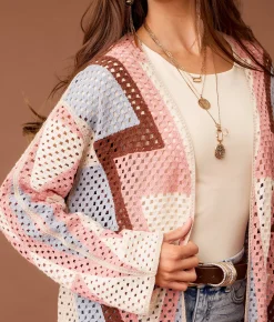 Tops | Sterling & Stitch Patterned Crochet Kimono Cream Multi