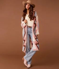 Tops | Sterling & Stitch Patterned Crochet Kimono Cream Multi