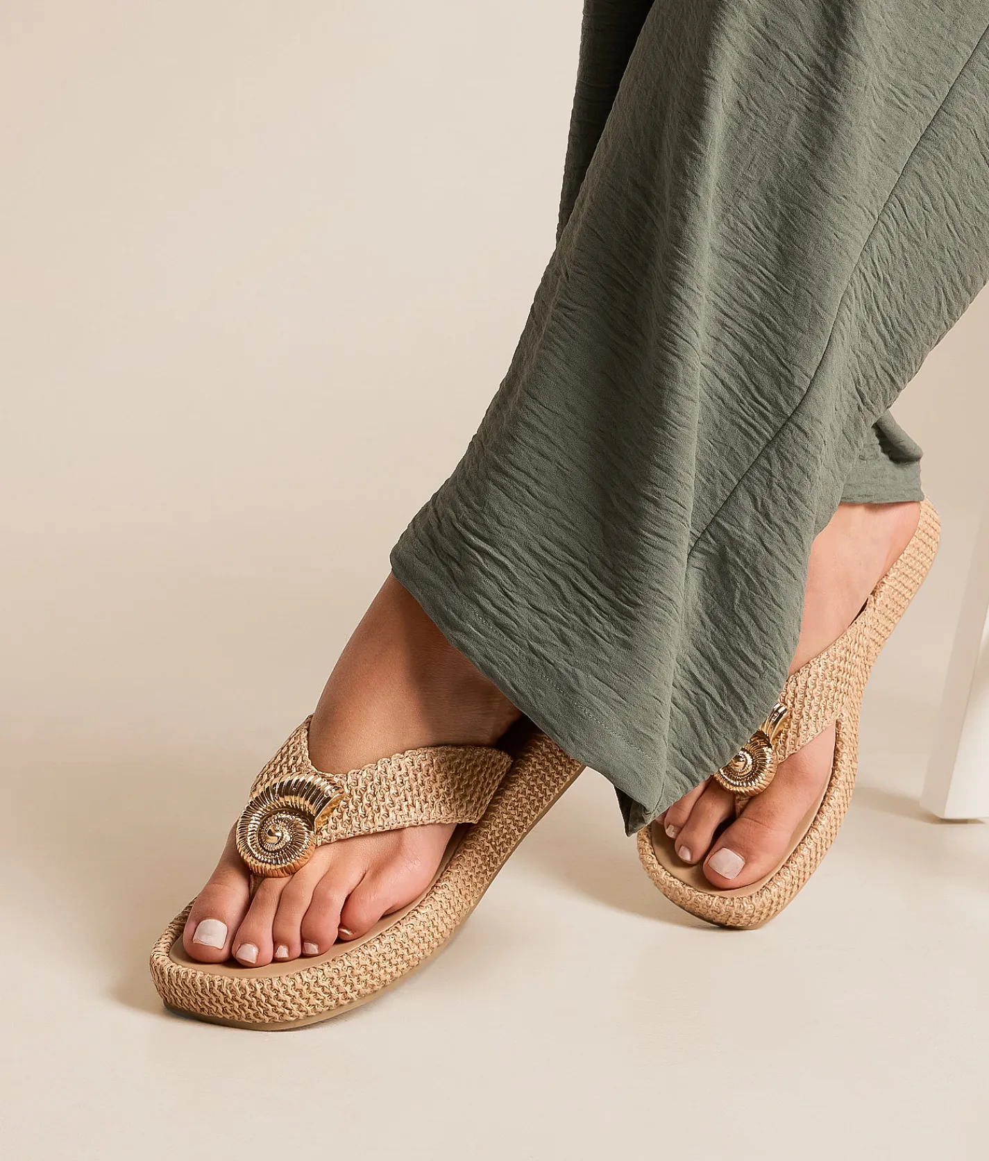 Shoes | Mia Pattiee Raffia Flip Flop Bone Gold
