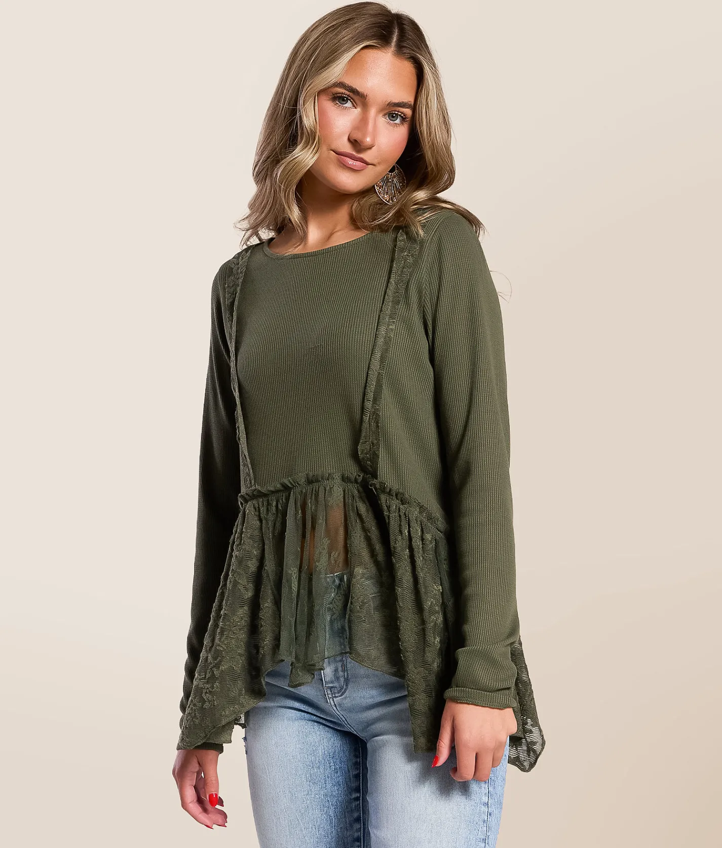 Tops | Daytrip Peplum Lace Top Thyme