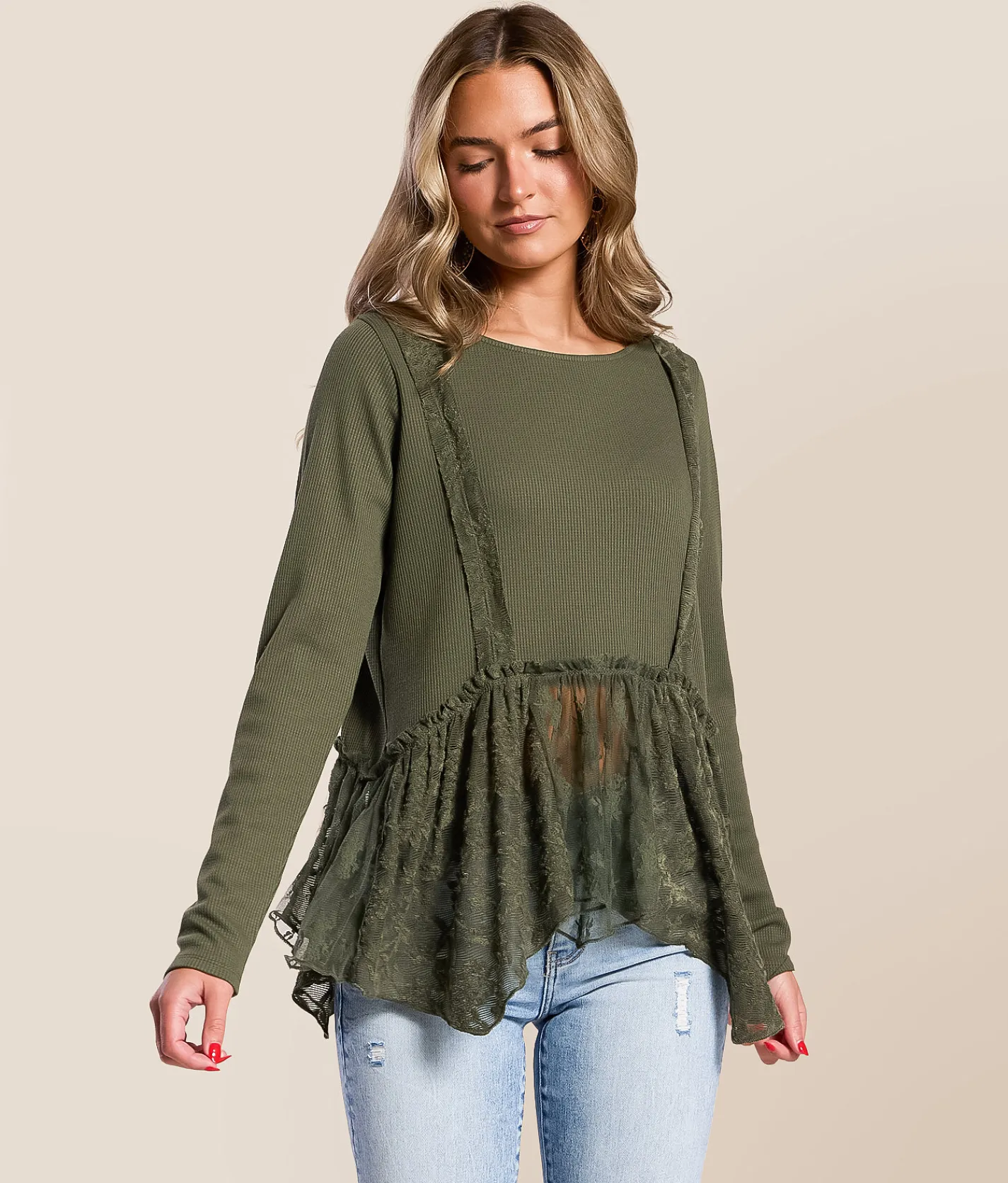 Tops | Daytrip Peplum Lace Top Thyme