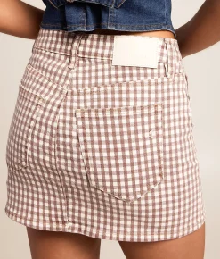 HIDDEN Peyton Gingham Denim Stretch Skirt Chestnut Gingham Best