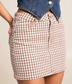 HIDDEN Peyton Gingham Denim Stretch Skirt Chestnut Gingham Best