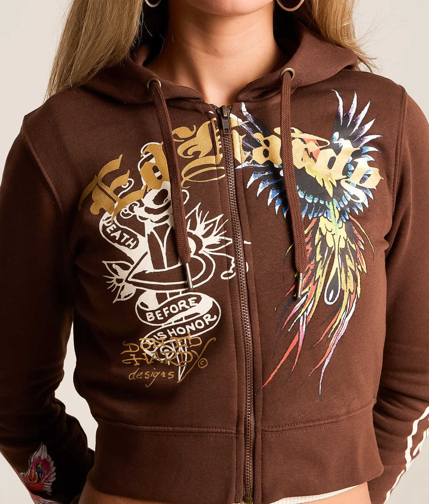 Tops | Ed Hardy Phoenix Y2K Cropped Hoodie Cocoa