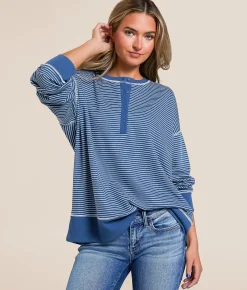 White Crow Pia Striped Henley Pullover Blue Horizon Outlet