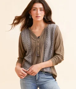 BKE Pieced Cable Knit Washed Henley Washed Green Blue Sale