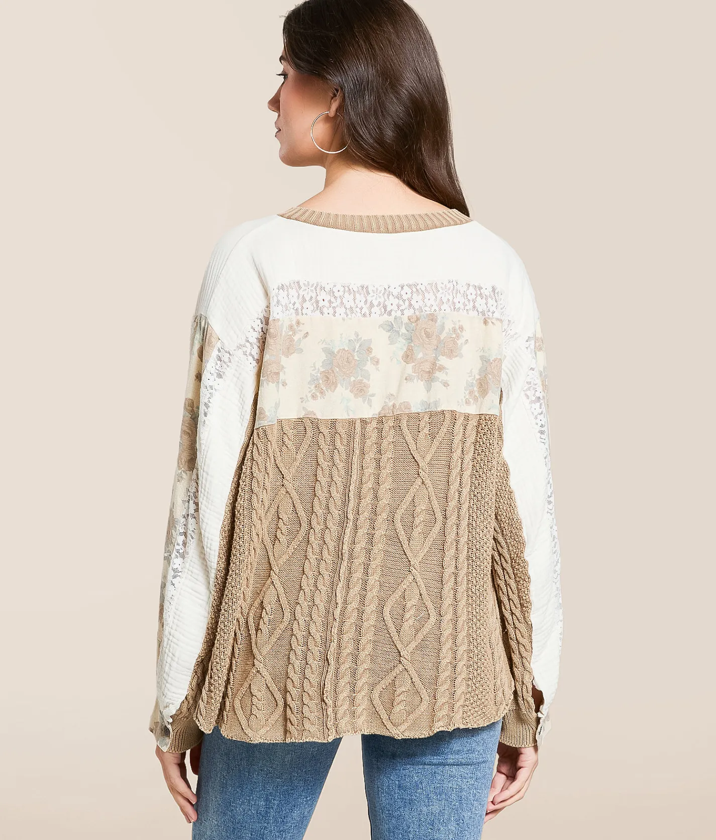 Tops | POL Pieced Cable Sweater Knit Pullover Mocha