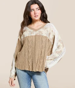 Tops | POL Pieced Cable Sweater Knit Pullover Mocha