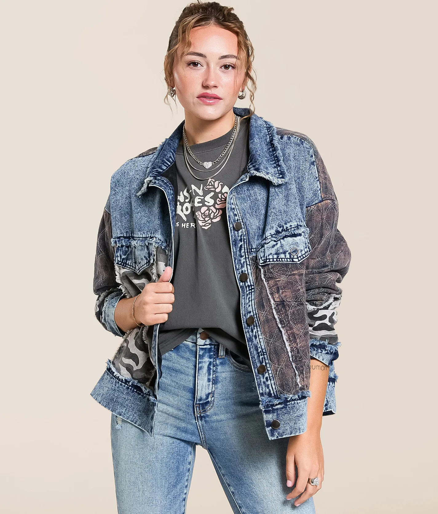 Tops|Coats & Jackets | Gilded Intent Pieced Camo Frayed Jacket Camo Multi