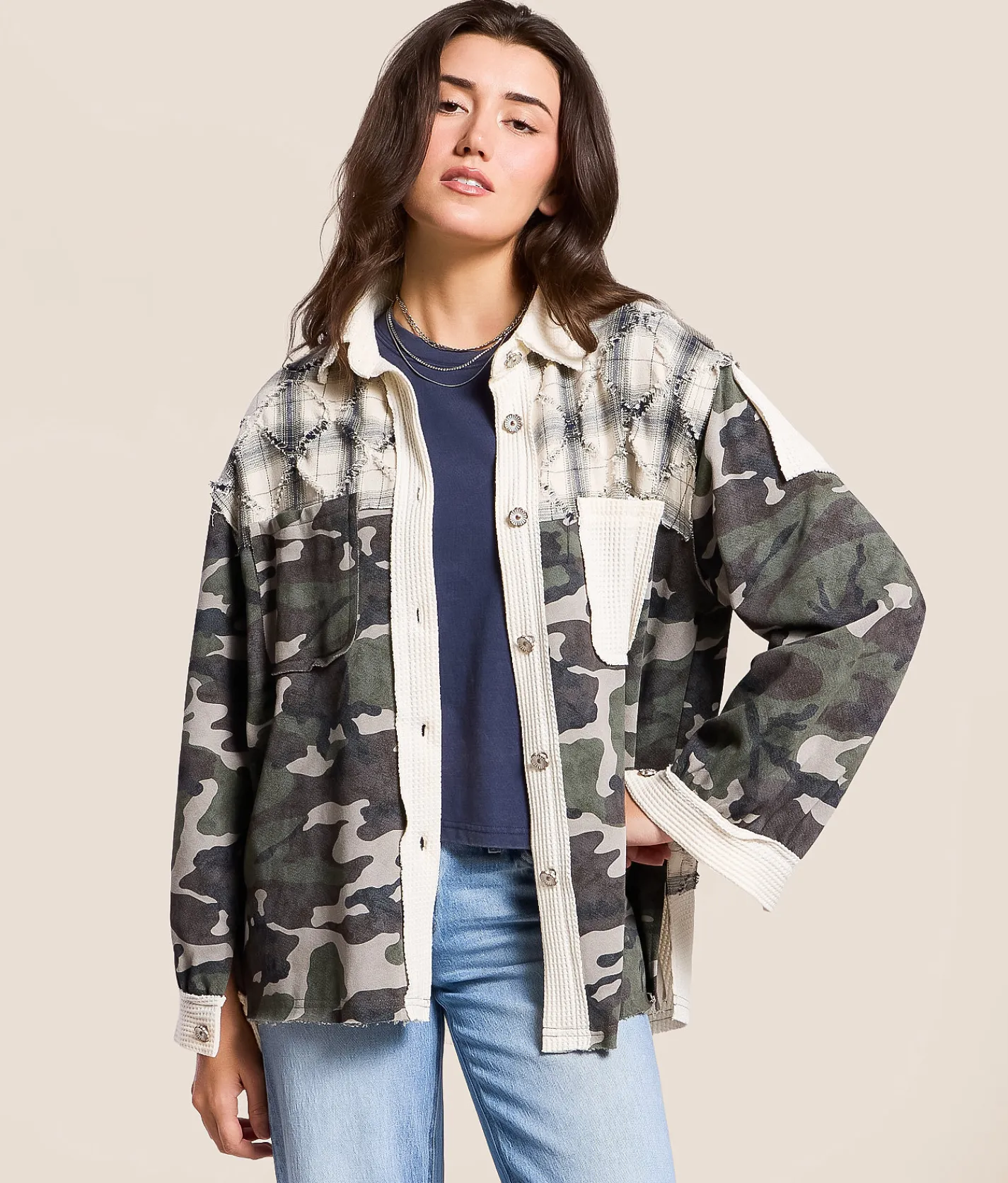 Tops|Coats & Jackets | POL Pieced Camo Oversized Shacket Camo Multi