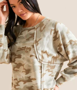 BKE Pieced Camo Print Top Green Camo Sale