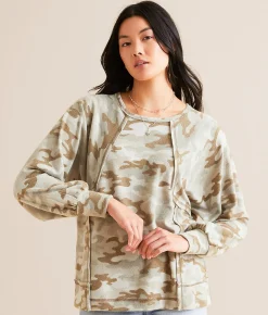 BKE Pieced Camo Print Top Green Camo Sale