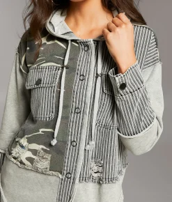 BKE Pieced Camo Stripe Hooded Shacket Multi New