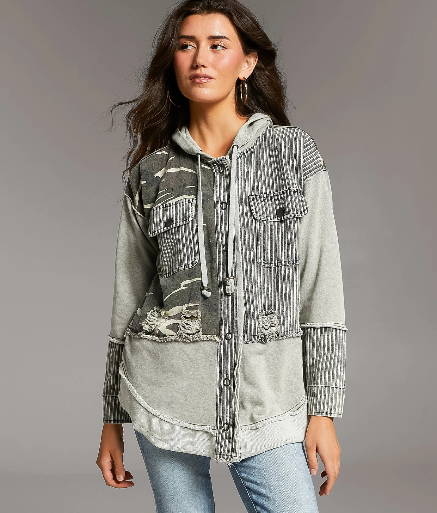 BKE Pieced Camo Stripe Hooded Shacket Multi New