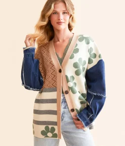Blue Blush Pieced Cardigan Sweater Navy and Taupe Multi Clearance