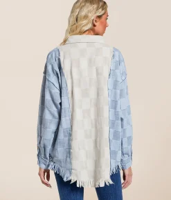 Oli & Hali Pieced Checker Fringe Shirt Blue Discount