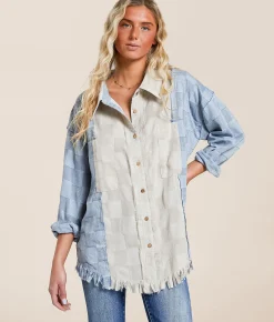 Oli & Hali Pieced Checker Fringe Shirt Blue Discount