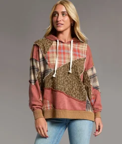 BKE Pieced Cheetah & Plaid Hoodie Red Assorted New