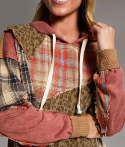 BKE Pieced Cheetah & Plaid Hoodie Red Assorted New