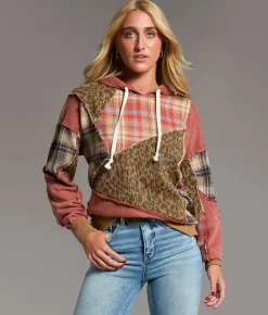 BKE Pieced Cheetah & Plaid Hoodie Red Assorted New